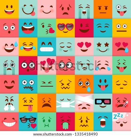 Emoticons pattern. Emoji square icons. Cute emoji colorfull illustration. Big set flat cartoon style. Face funny backgound