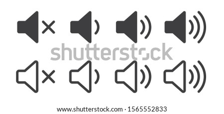 An icon that increases and reduces the sound. Icon showing the mute. A set of sound icons with different signal levels in a flat style. Vector