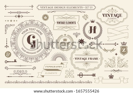 Vintage typographic design elements set vector illustration. Labels and badges, retro ribbons, luxury ornate logo symbols, calligraphic swirls, flourishes ornament vignettes and other