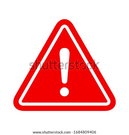 WARNING ICON. White exclamation point (mark) on red triangle sign. Vector.