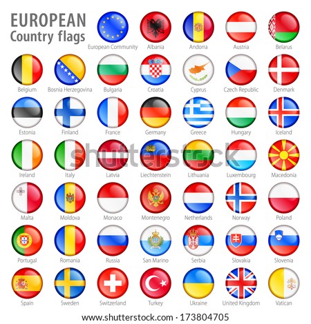 Hi detail vector shiny buttons with all European flags. Every button is isolated on its own layer 