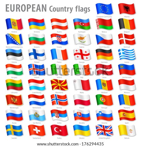 Vector Collection of all European National Flags, in simulated 3 D waving position, with names and grey shadow. Every Flag is isolated on its own layer with proper naming.