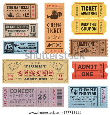 A collection of eleven vector grunted Tickets, Vector file is organized with layers, with every ticket divided into 3 layers, separating Background Shape from the texture effect and text.