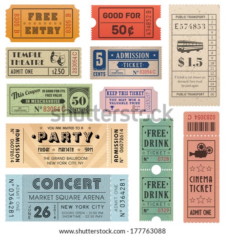 A collection of eleven vector grunted Tickets, Vector file is organized with layers, with every ticket divided into 3 layers, separating Background Shape from the texture effect and text. 