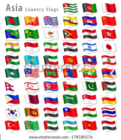 Vector Collection of all Asian National Flags, in simulated 3 D waving position, with names and grey shadow. Every Flag is isolated on its own layer with proper naming.