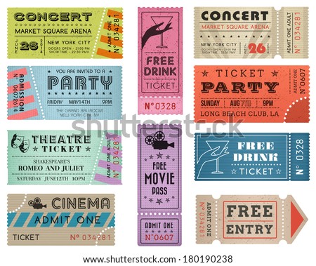 A collection of ten vector grunted Tickets, Vector file is organized with layers, with every ticket divided into 3 layers, separating Background Shape from the texture effect and text.