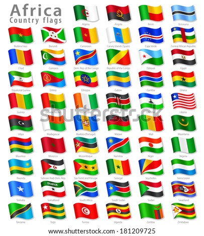 Vector Collection of all African National Flags, in simulated 3 D waving position, with names and grey shadow. Every Flag is isolated on its own layer with proper naming.