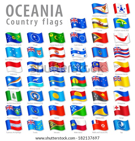 Vector Collection of all Oceanic National Flags, in simulated 3 D waving position, with names and grey shadow. Every Flag is isolated on its own layer with proper naming.