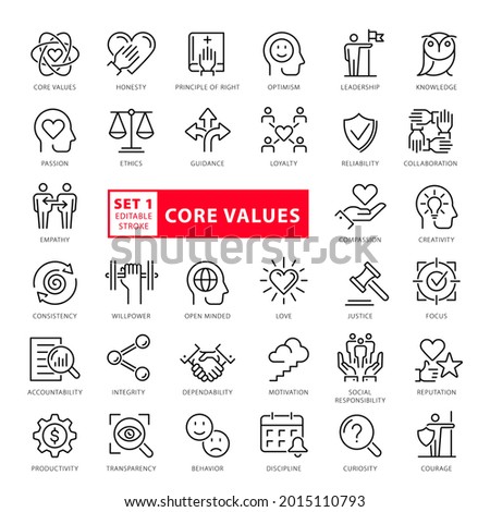 High Quality Full Vector Thin Line Icon Set - Core Values, Virtues, Qualities