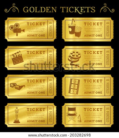 Set of eight golden vector cinema tickets and coupons templates. Vector file is organized in layers to separate Graphic elements from texture and text.
