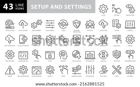 Simple Set of Setup and Settings Related Vector Line Icons. Contains such Icons as Installation Wizard, Download, Restore Options and more. Editable Stroke.