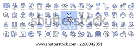 Set of 60 Delivery and logistics Thin Line Icons. Big Blue and White icons pack. Money, Stock Market, Savings, Investment, Unicorn, Currency, Revenue. Vector illustration.