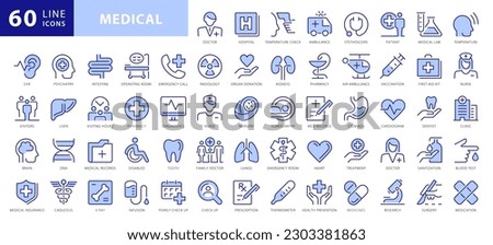 Thin Line Icons Vector Set, flat design medicine symbols. Pharmacology, Anatomy, First Aid, medical ethics with elements for mobile concepts and web. Collection modern infographic logo or pictogram
