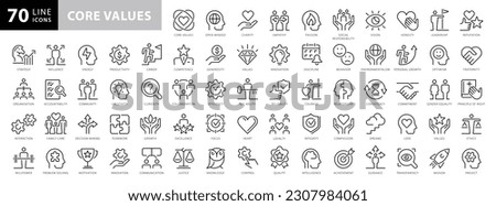 Core values line icons. Integrity, Empathy and Strategy. Vision, Social Responsibility, Commitment, Environmentalism icons. Personal Growth, Innovation, Family, Problem Solving. Full Vector 商業照片 © 