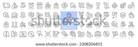 Delivery and Shipping 60 line icons set. Logistics icon collection. Courier, Shopping, Delivery, Parcel, Tracking. Full Vector illustrations