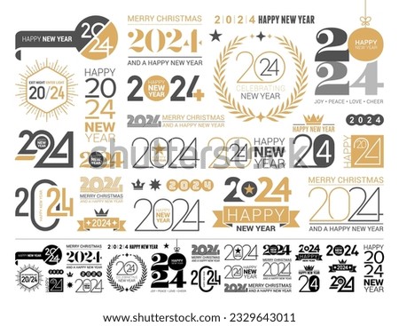 2024 Happy New Year logo text design. Set of 2024 number design template. Christmas symbols 2024 Happy New Year. Vector illustration with black labels logo for diaries, notebooks, calendars