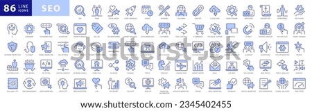 Seo Vector icon set. Search Engine Optimization Blue and White icon collection. With topics like business, search, target, ranking, optimization, content and keyword.