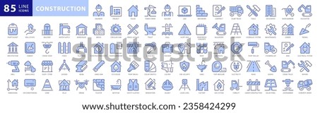 Build and construction icon element set. Containing crane, building, land, excavator, maintenance, contractor, worker, architecture and more. Solid icons vector collection