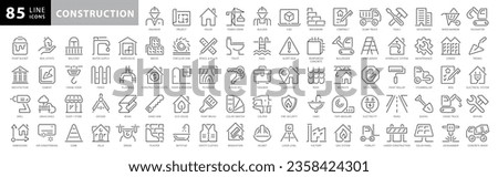 Construction line icons set. Outline web icon set, home repair tools. vehicle, elements, tools