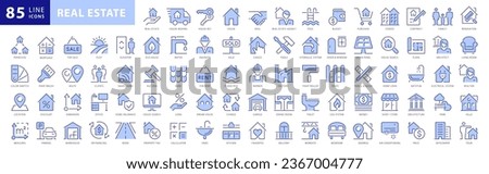 Real Estate Blue Icon set. House, Home, Buy, Sell, Rent, Smart Home, Renovation, Building, Mortgage, Skyscraper, Plot, Shop, Flat, Living Room, Bathroom. Two Tones Blue Vector Icons Collection