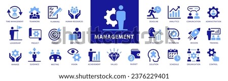 Business and Corporate Management Vector Icon set. Full set including Manager, Administration, Analytics, Training, Business, Employee icons. Two colors Flat Style icons vector collection