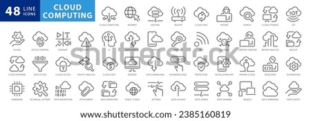 Set of line icons related to cloud computing, cloud services, server, cyber security, digital transformation. Outline icon collection. Editable stroke. Vector illustration