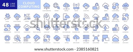 Cloud Computing. Internet technology. Online services. Data, information security. Connection. Thin line blue web icon set. Outline icons collection.Vector illustration