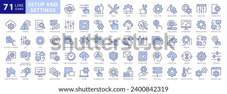 Settings Blue and White Outline Icons. Containing Setup, Tools, Controls, Configuration Vector Icons Collection. Illustrations for website templates, logo design, apps and UI Projects