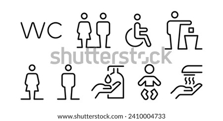 Toilet line icon set. WC sign. Men,women,mother with baby and handicap symbol
