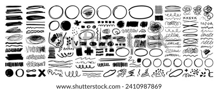 Vector set of grungy graphic elements. Street art texture hand drawn pencil underlines and strikethrough, scribble emphasis lines, crazy hatches, ovals and crosses. Each element is united and isolated