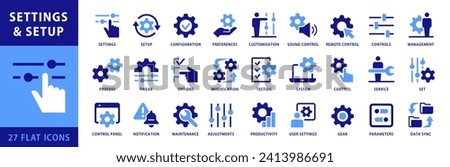 Setup and Settings, vector icon set. Management, Options, Configuration, Controls, Customisation, Preferences, Setup, Control Panel, Equalizer, Set, Service Icons. Two Tones Flat Style Icon Collection