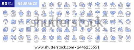 Insurance icon set. With medical, Legal, Car, Pet, Travel Insurance icons and much more. Dual Color Flat icons vector collection