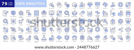 Data analytics icon set. Data Analysis Technology Symbols Concepts. With Concepts like data security, analytics, Mining, network, server, Monitoring, Icons. Dual Colors Flat Icons Vector Collection
