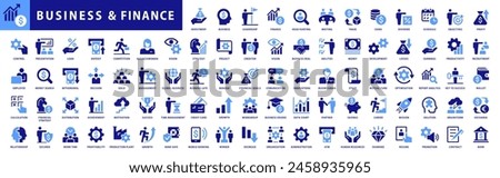 Finance icon set. With Concepts like Profit, Losses, Stock, Tax, Exchange, Budget, Funds, Earnings, Money and Revenue icons. Blue Colored Outline Icons Collection