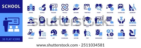 School icon set. Including classroom, students and teacher, School Bus, Study, E Learning, Diploma icons and more. For Education and knowledge Designs. Dual Color Flat Style icons vector collection