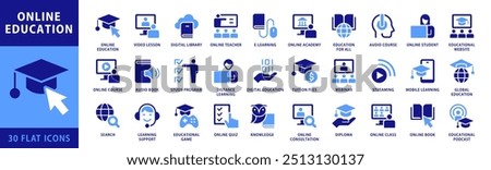 Online Education Icon set. Including Global Education, Audio Course, Tuition Fees, E-learning, Educational Website and Digital Education icons. Dual Color Flat Style Icons