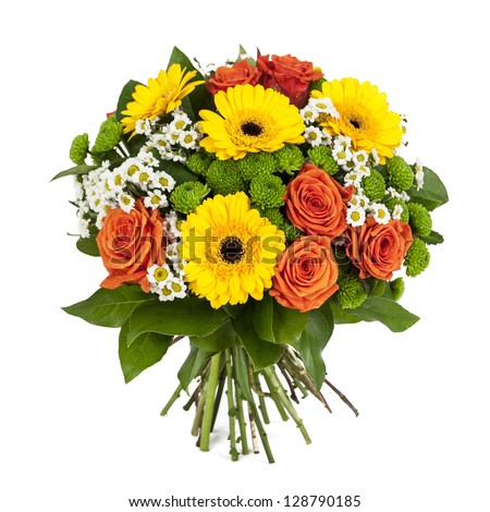 Image, Stock Photo Bouquet: gerbera and roses in yellow and pink in light blue watering can stands on stone floor