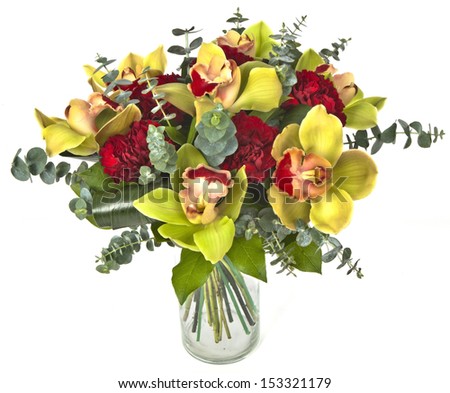 bouquet of orchids in vase  on white background