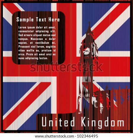 United Kingdom flag on wooden background with the Big Ben and text
