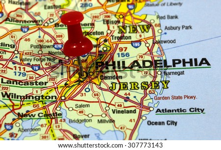 map with pin point of philadelphia in usa