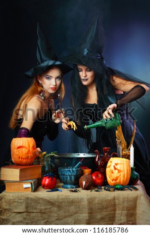 Two charming halloween witches making potion  over dark background