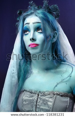 Halloween: Horror scene of a corpse bride under blue moon light