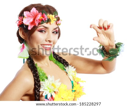 Beautiful exotic Hawaiian Woman showing small amount of something with fingers