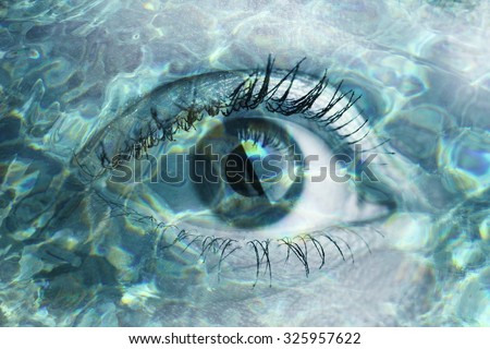Double exposure portrait of macro eye combined with photograph of water. Be creative!
