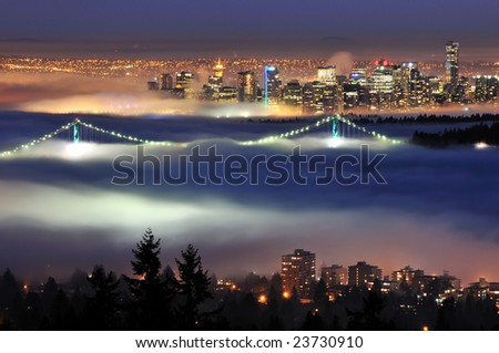 Downtown Vancouver with evening fog viewed from cypress mountain