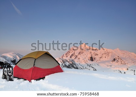 Winter Camping at Huntoon point on Artist Ridge, Mount Shuksan on the background