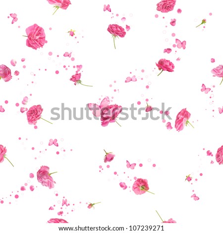 Repeatable background of studio photographed, flying roses, petals, butterflies and bokeh particles in pink, with a back light, isolated on white