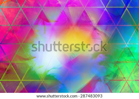 colorful, photographed feathers with a glowing triangle grid in with a smooth shining