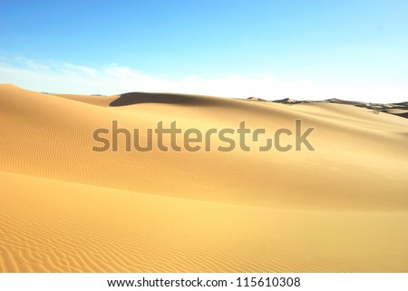 Libyan Desert. Dense gold dust, dunes and beautiful sandy structures in the light of the low sun. Traces on sand.