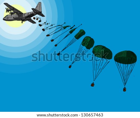 cargo plane dropping crates with parpachutes